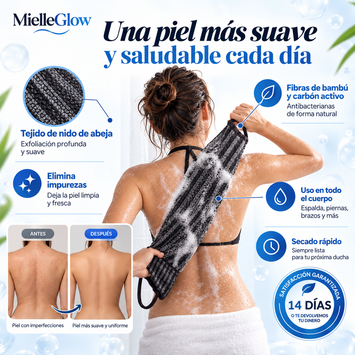 Toalla Exfoliante de Ducha Antibacteriana MielleGlow